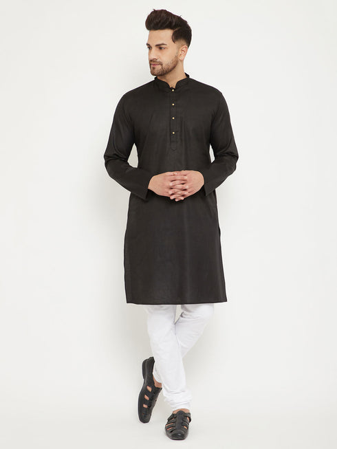 Vastramay Men's Black And White Cotton Blend Kurta Pyjama Set